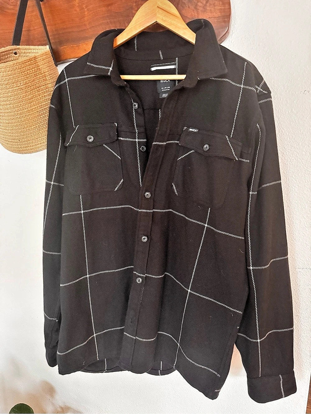 RVCA Men’s XL Black Windowpane Plaid Cotton Shacket Overshirt